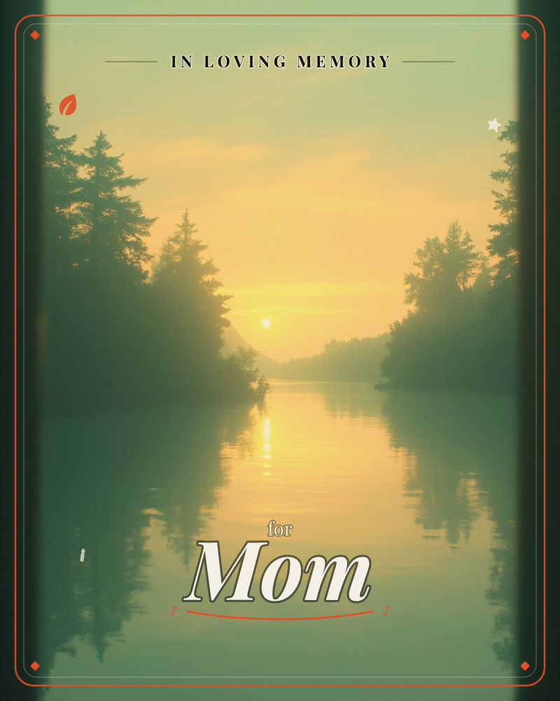 A hazy golden sun hangs low over a still river, framed by dark silhouettes of pine trees on either bank, a memory e-card design