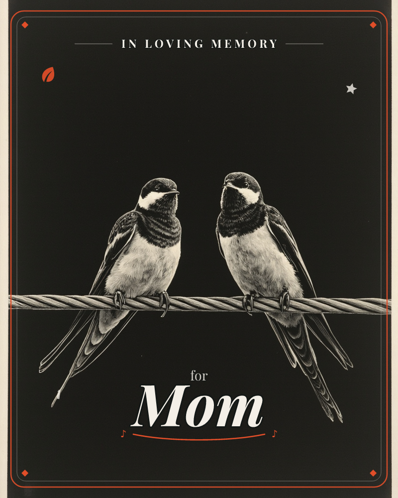 Two swallows perch face to face on a twisted wire against a solid black night sky, their forked tails dangling below the line, a memory e-card design