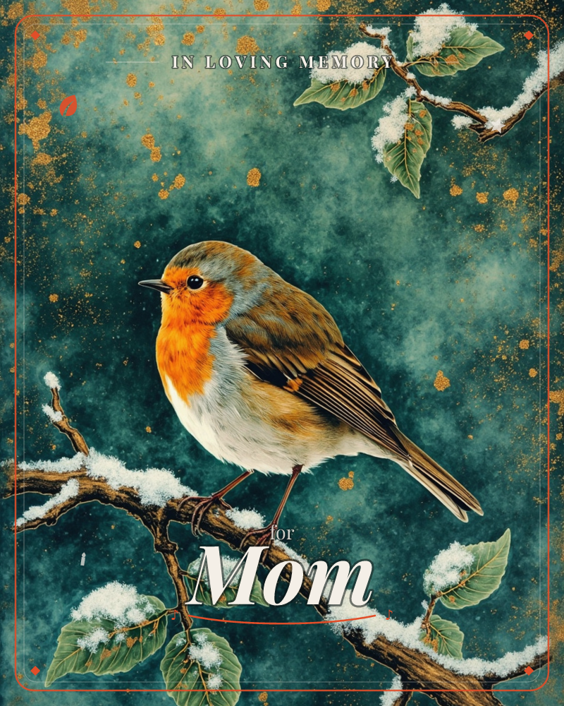 A robin with a bright orange breast perches on a snow-dusted branch against a deep teal background flecked with scattered gold, a memory e-card design