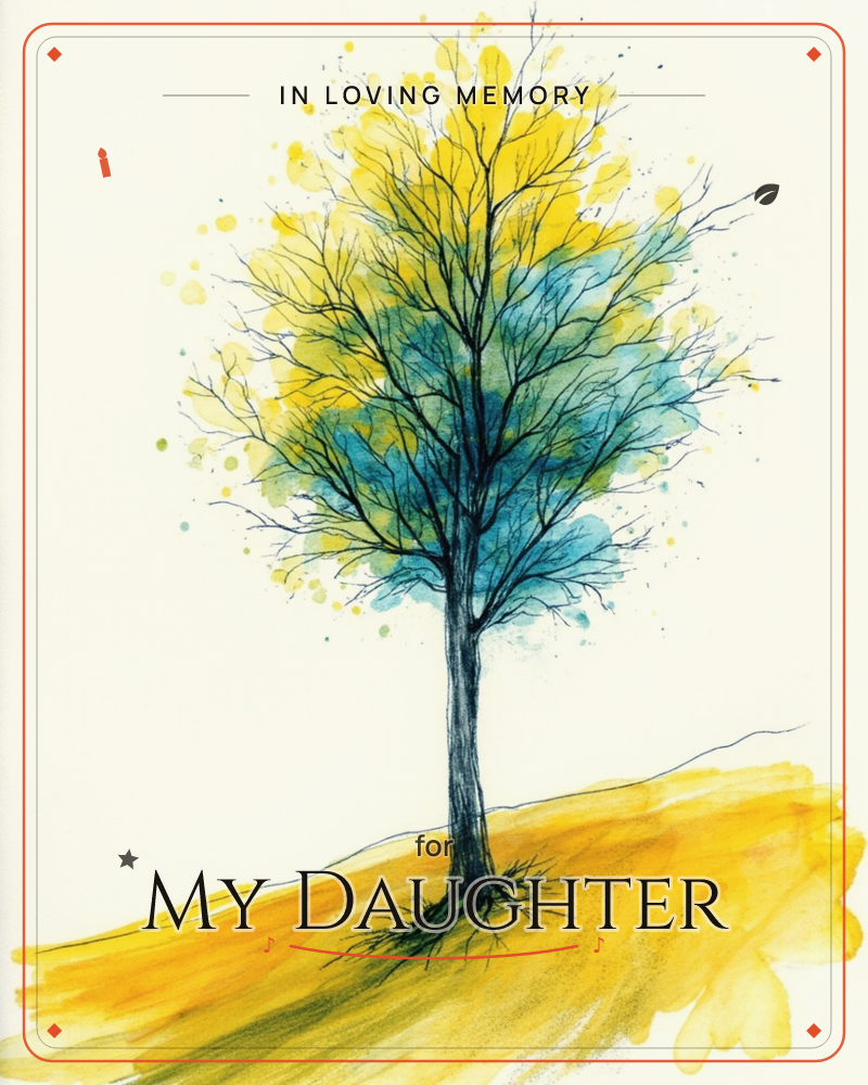 A solitary tree stands on a golden hillside, its bare branches inked in fine black lines against a soft, glowing white background, a memory e-card design
