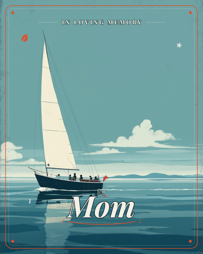 A dark-hulled sailboat glides across calm teal water beneath a tall cream sail, its small crowd of passengers clustered near the bow with a red flag…, a memory e-card design