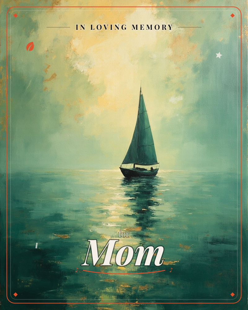A single sailboat drifts on calm, glassy water beneath a glowing, hazy sky of teal and soft gold, a memory e-card design