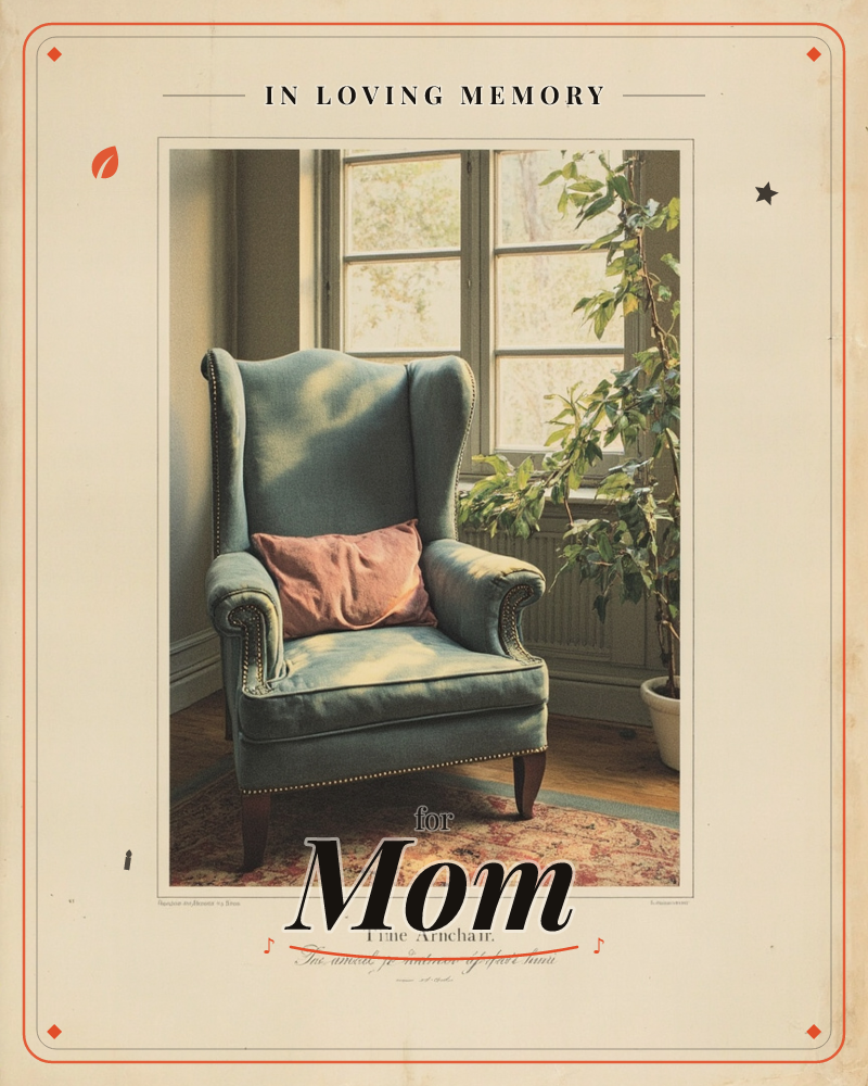 A wingback armchair in faded teal velvet sits beside a paned window, sunlight falling across its cushions in soft stripes, a memory e-card design