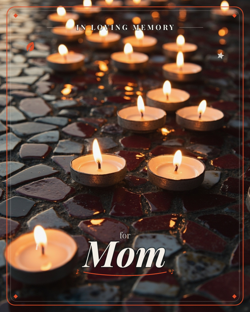 Small tealight candles flicker in scattered clusters across a mosaic of dark red and pale stone tiles, their flames glowing gold against the deepening…, a memory e-card design