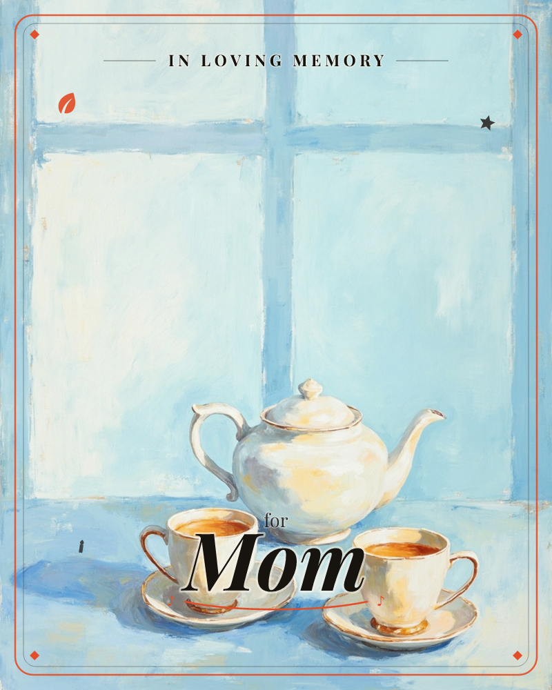 A white china teapot with gilt trim sits between two filled teacups and saucers on a pale blue windowsill, soft daylight glowing through a paned window…, a memory e-card design