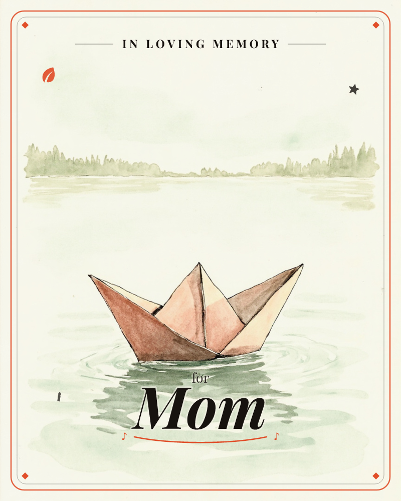 A folded paper boat in warm terracotta and rust tones floats alone on a calm, pale green lake, small ripples spreading around it, a memory e-card design
