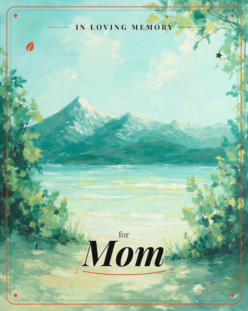 A snow-capped mountain range rises beyond a calm turquoise lake, framed on both sides by leafy branches that arch like a natural doorway, a memory e-card design