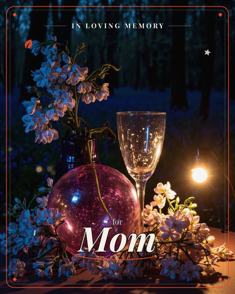 A round pink glass vase holds pale bluebell-like blooms beside an empty wine glass catching flecks of golden light, set on a dark table in a twilight…, a memory e-card design