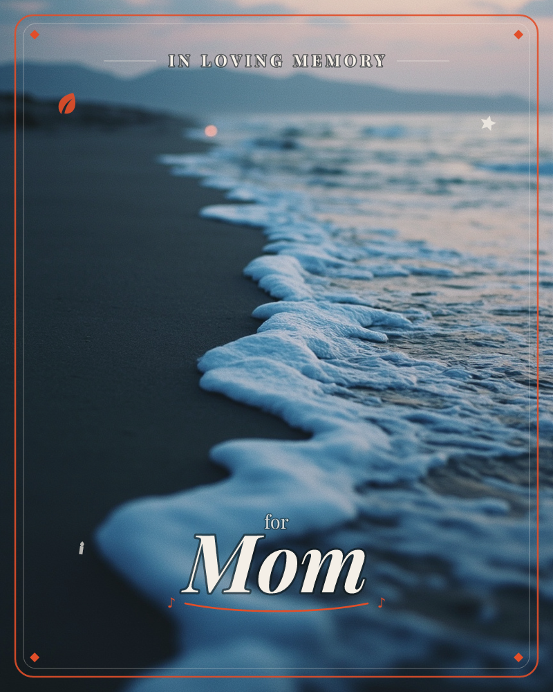 A close, low-angle photograph of a shoreline at dusk, where pale foam curls along the wet sand in soft focus, a memory e-card design