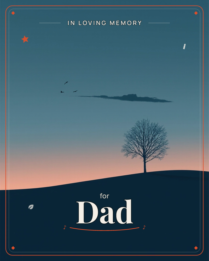 A single bare tree stands atop a smooth dark hill, silhouetted against a dusk sky that fades from soft peach at the horizon into deep teal-blue above, a memory e-card design