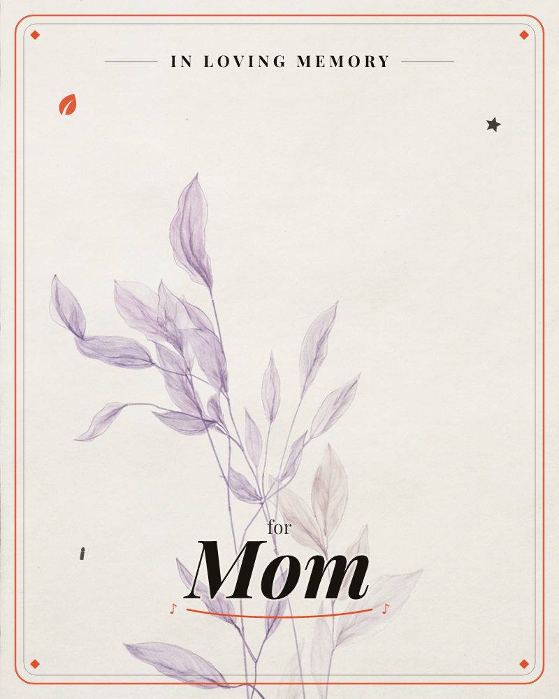 A slender sprig of leaves rises from the lower edge of a cream page, painted in soft washes of lavender and dusky mauve, a memory e-card design