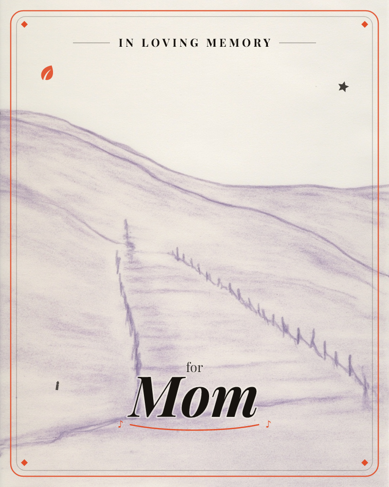 A quiet rolling hillside rendered entirely in soft violet pencil lines, with a thin fence marching diagonally over the slope toward a pale, empty sky, a memory e-card design
