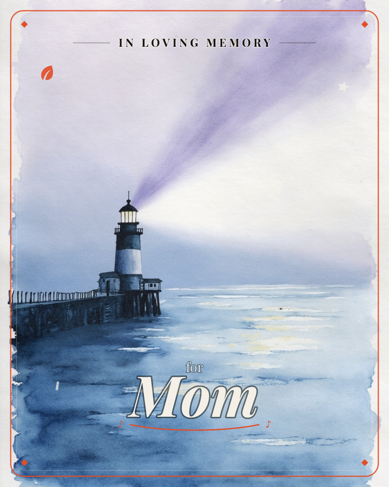 A lone lighthouse stands at the end of a narrow pier, its black-and-white tower casting a wide violet beam across a hazy dusk sky, a memory e-card design