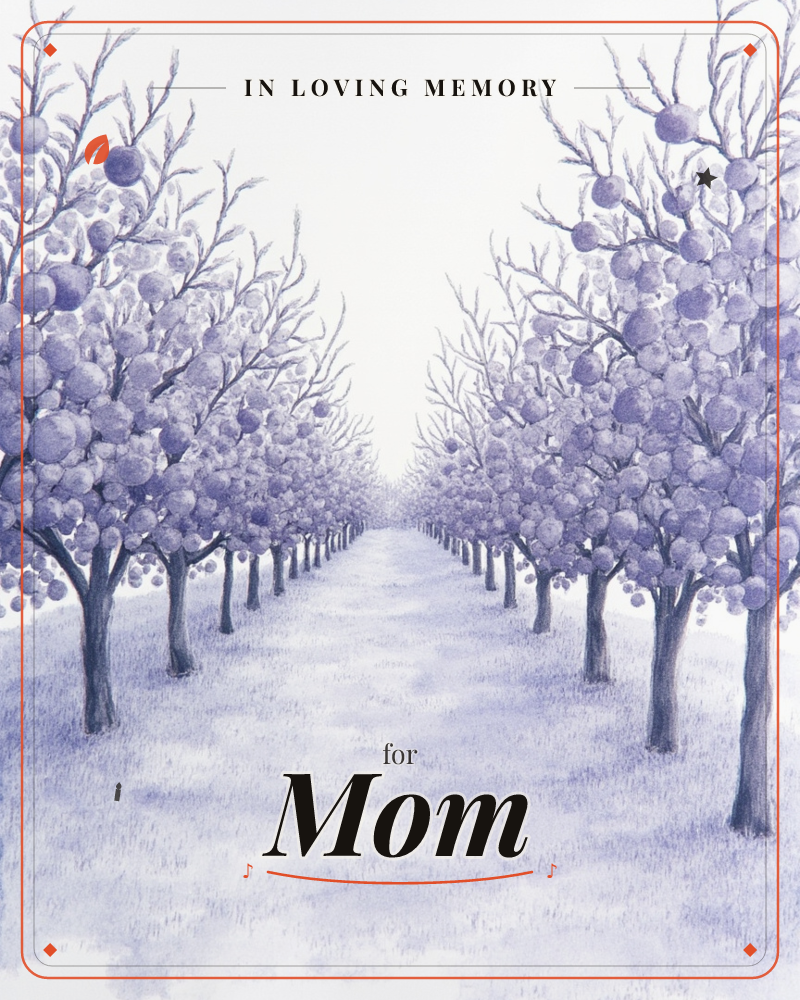 A monochrome orchard drawn entirely in violet-toned pencil, rows of round-fruited trees receding into a pale, misty horizon down a straight grassy path, a memory e-card design