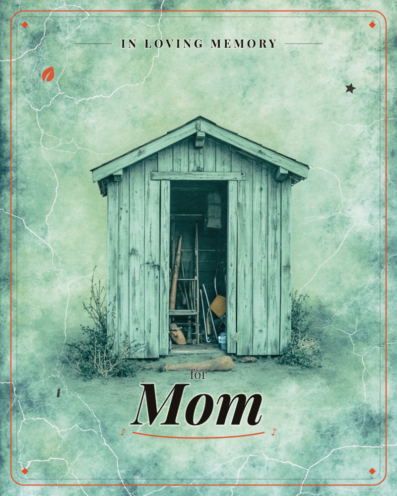 A weathered wooden shed stands alone on bare ground, its door open to reveal a ladder, tools and jugs stacked inside, a memory e-card design