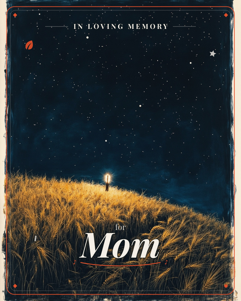 A single lit candle stands alone atop a windswept hill of golden wheat, its small flame glowing against a vast, star-scattered night sky, a memory e-card design