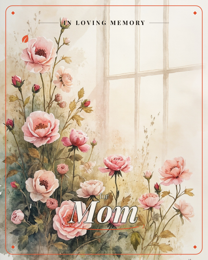 A cluster of blush pink roses and buds climbs along a windowpane, their stems trailing into soft olive shadow at the base, a memory e-card design