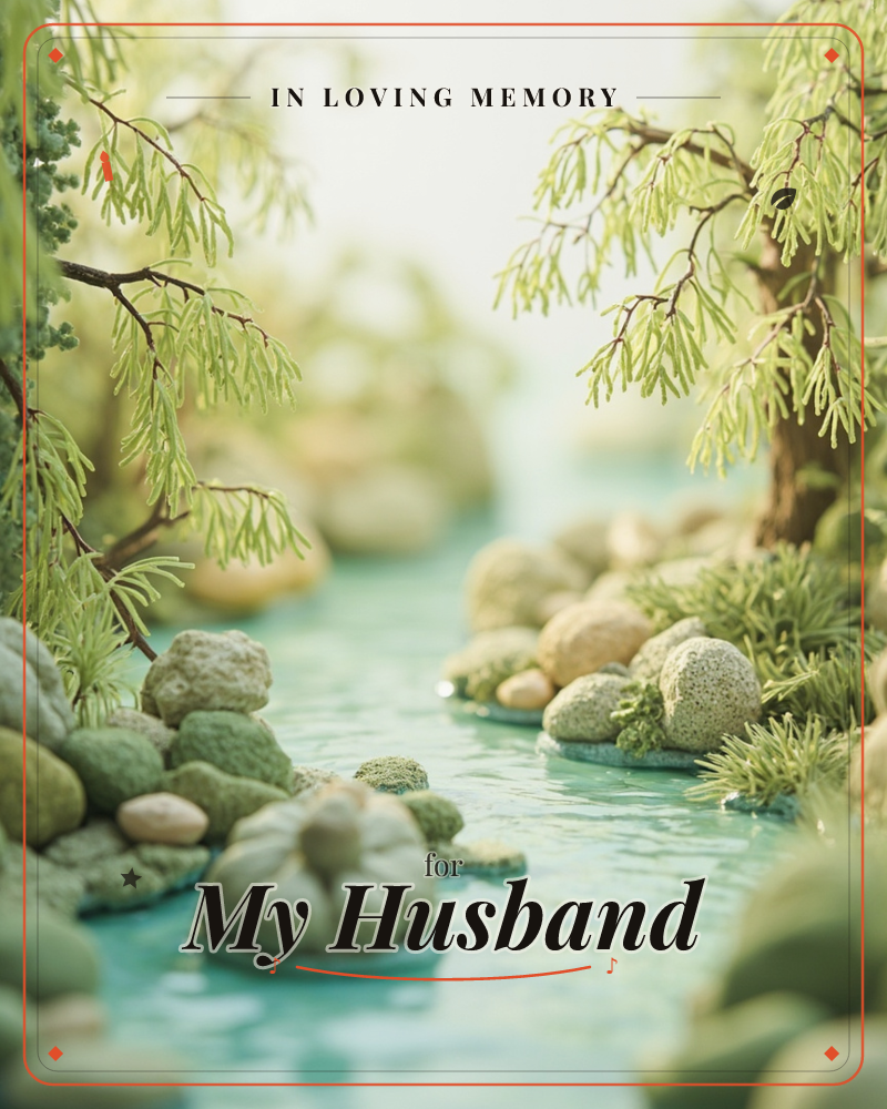 A miniature diorama shows a still turquoise stream winding between rounded pebbles and mossy stones, framed by delicate feathery pine branches on…, a memory e-card design