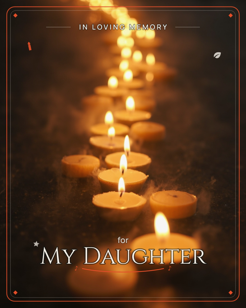 A winding trail of tealight candles glows against near-total darkness, their small flames flickering in soft focus as the line curves off into the…, a memory e-card design