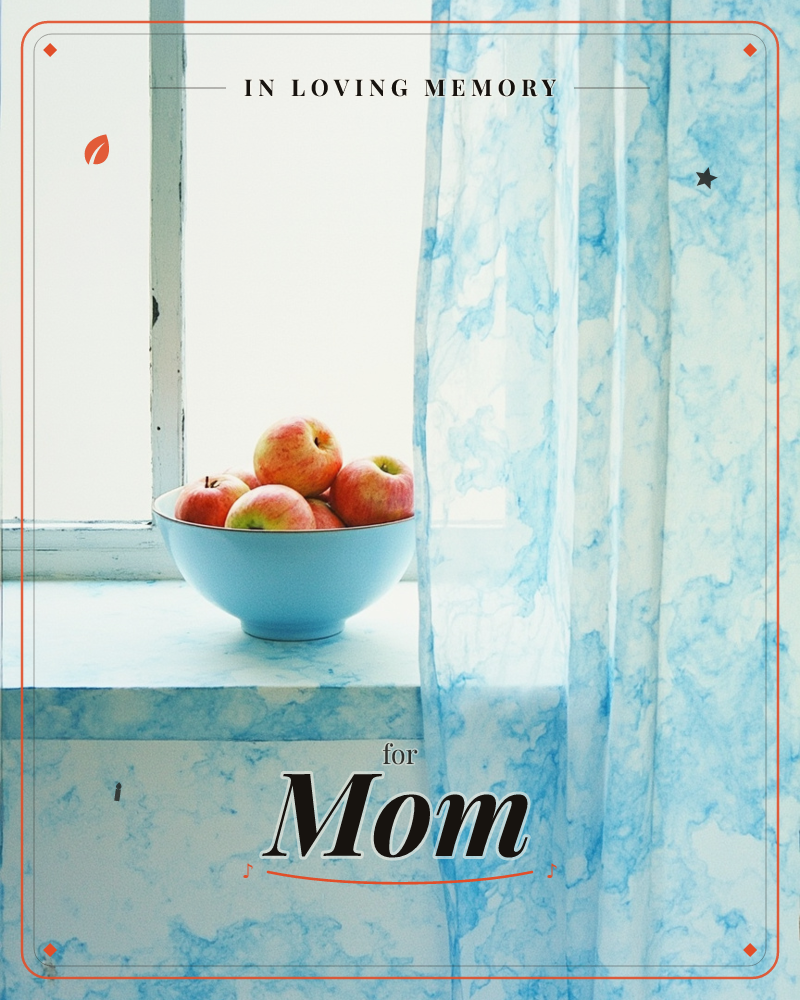 A pale blue bowl of rosy apples sits on a marbled windowsill beside a sheer blue-marbled curtain, a memory e-card design