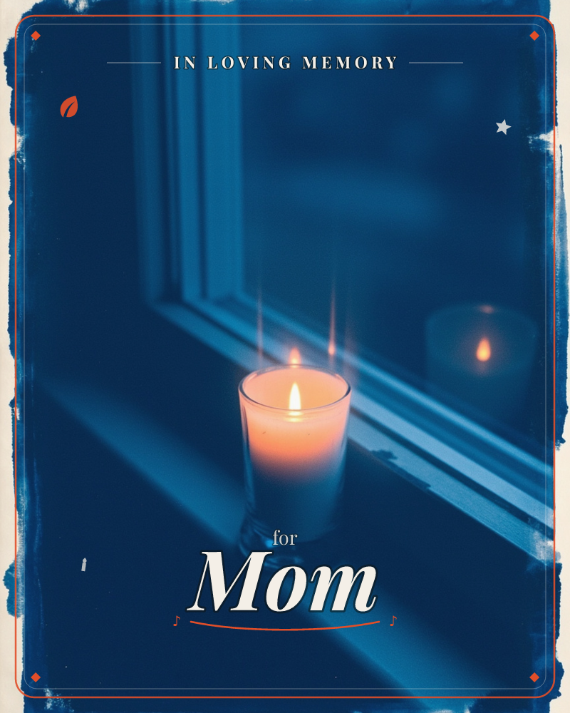 A single glass candle burns on a windowsill at night, its warm orange flame reflected faintly in the dark blue glass, a memory e-card design