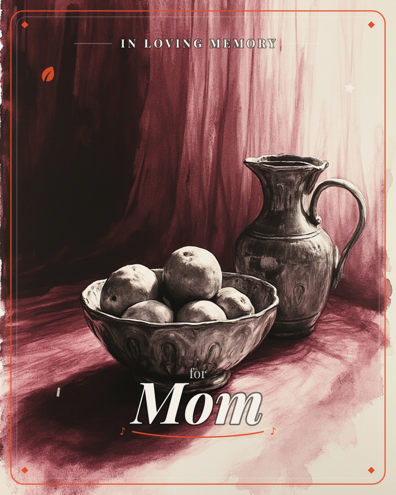 A classic still life shows a bowl of round fruit beside a curved ceramic pitcher, set against a heavy draped curtain streaked with deep wine-red, a memory e-card design
