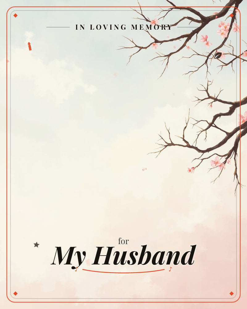 A cascade of dark, twisting cherry branches reaches down from the upper right corner, dotted with sparse pink blossoms just beginning to open, a memory e-card design