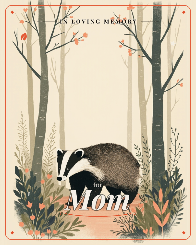 A striped badger stands on a woodland path flanked by tall slender tree trunks and sparse branches dotted with coral berries, a memory e-card design