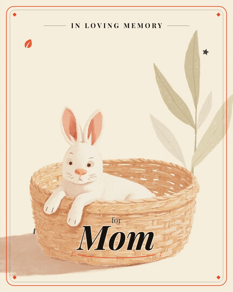 A white rabbit with pink-lined ears rests draped over the edge of a woven wicker basket, paws dangling over the rim, a memory e-card design