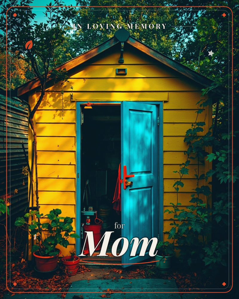 A yellow wooden garden shed sits tucked among dark, leafy trees, its blue door swung open to reveal tools and a red canister inside, a memory e-card design