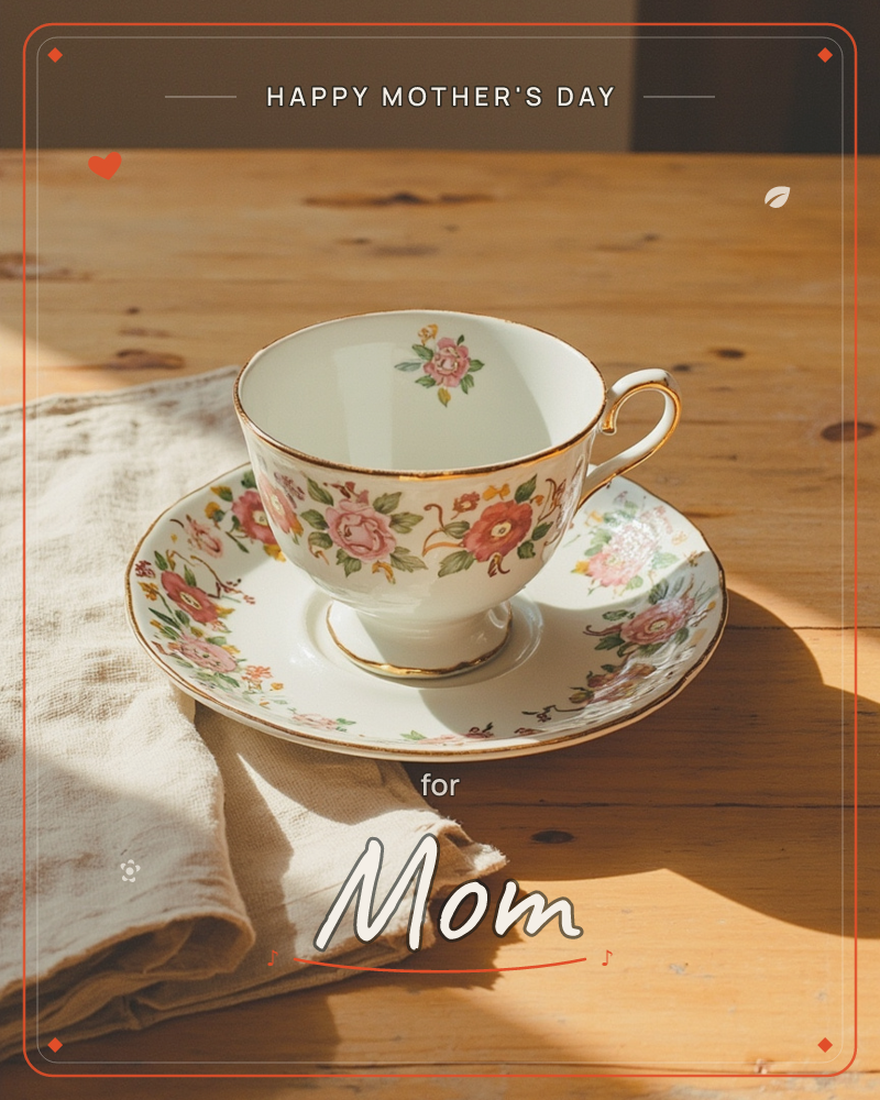 A vintage china teacup and saucer, painted with pink roses and gold trim, sits on a sunlit wooden table beside a rumpled linen cloth, a mothersday e-card design