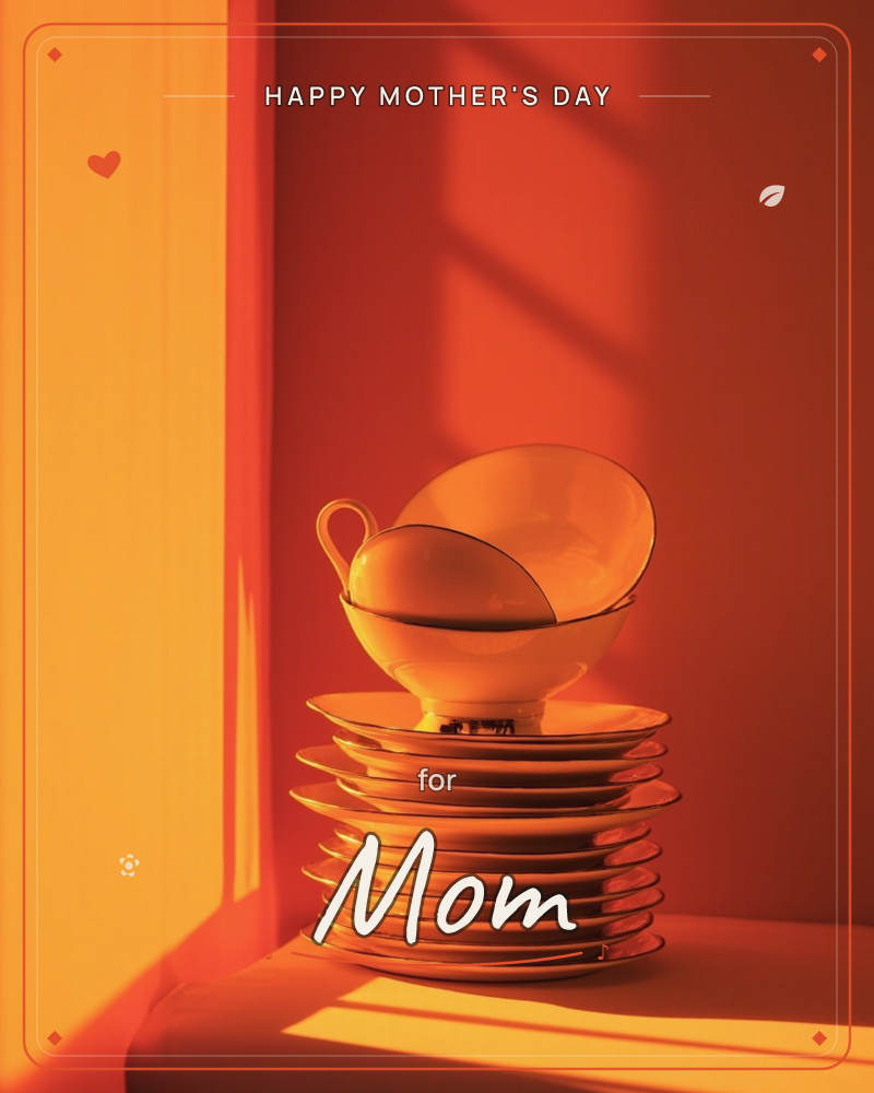 A tilted teacup rests atop a tall stack of matching saucers, bathed entirely in deep amber and red light with a sharp diagonal shadow cutting across…, a mothersday e-card design