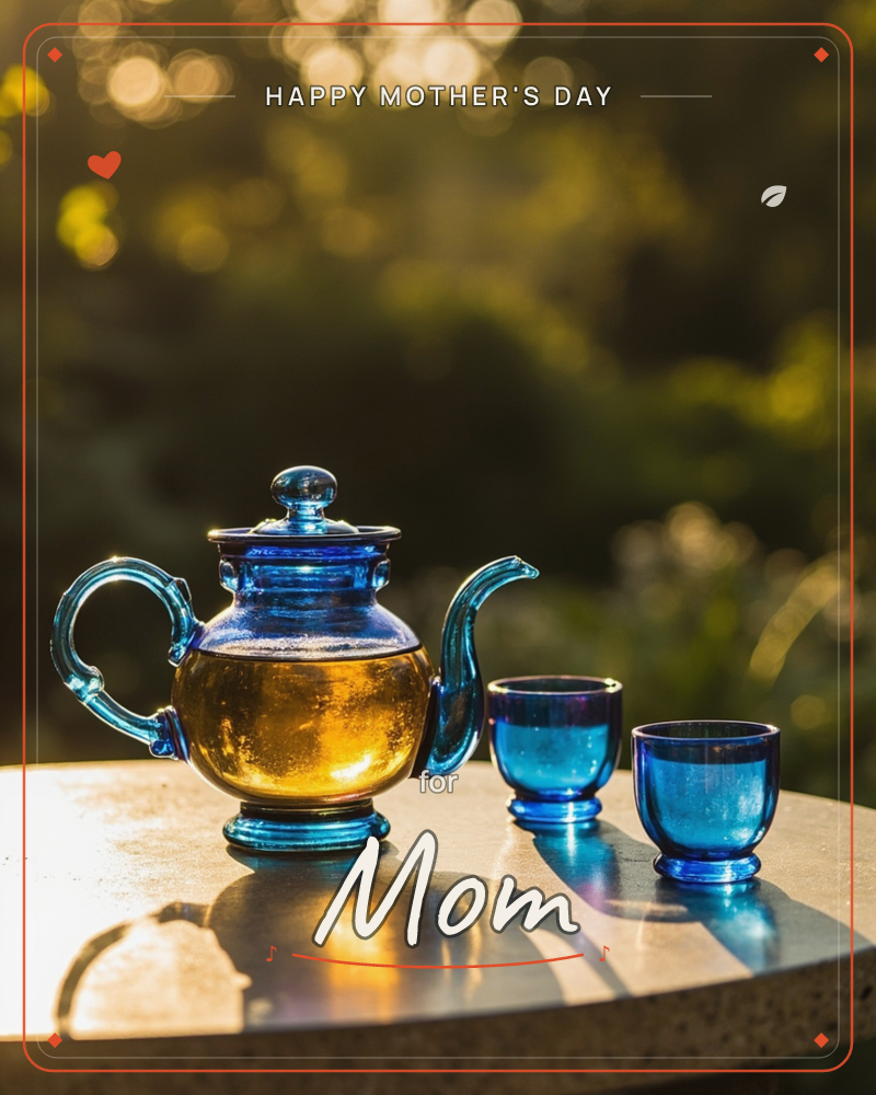 A glass teapot glows amber with steeped tea, its cobalt-blue handle and spout catching the low evening sun, paired with two small iridescent blue…, a mothersday e-card design