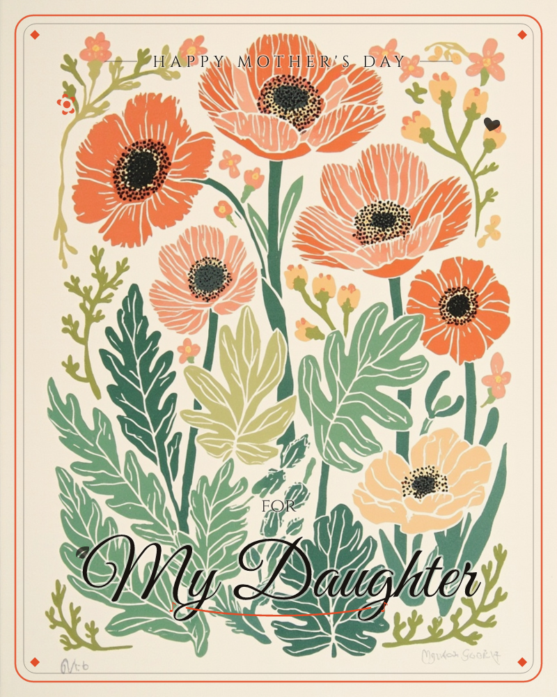 A cluster of tall poppies in coral, orange and soft peach rise on green stems above a dense bed of leaves in olive, sage and deep teal, with tiny…, a mothersday e-card design