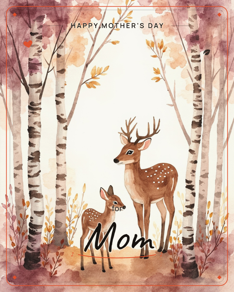 A watercolour illustration shows an antlered deer standing beside a smaller fawn amid a stand of birch trees, their trunks streaked with soft charcoal…, a mothersday e-card design