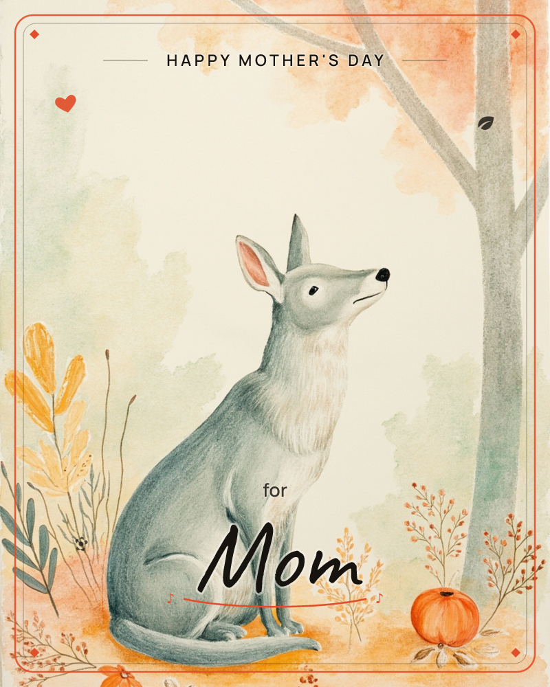 A grey fox sits upright beneath a tall autumn tree, gazing up into the branches with quiet curiosity, a mothersday e-card design