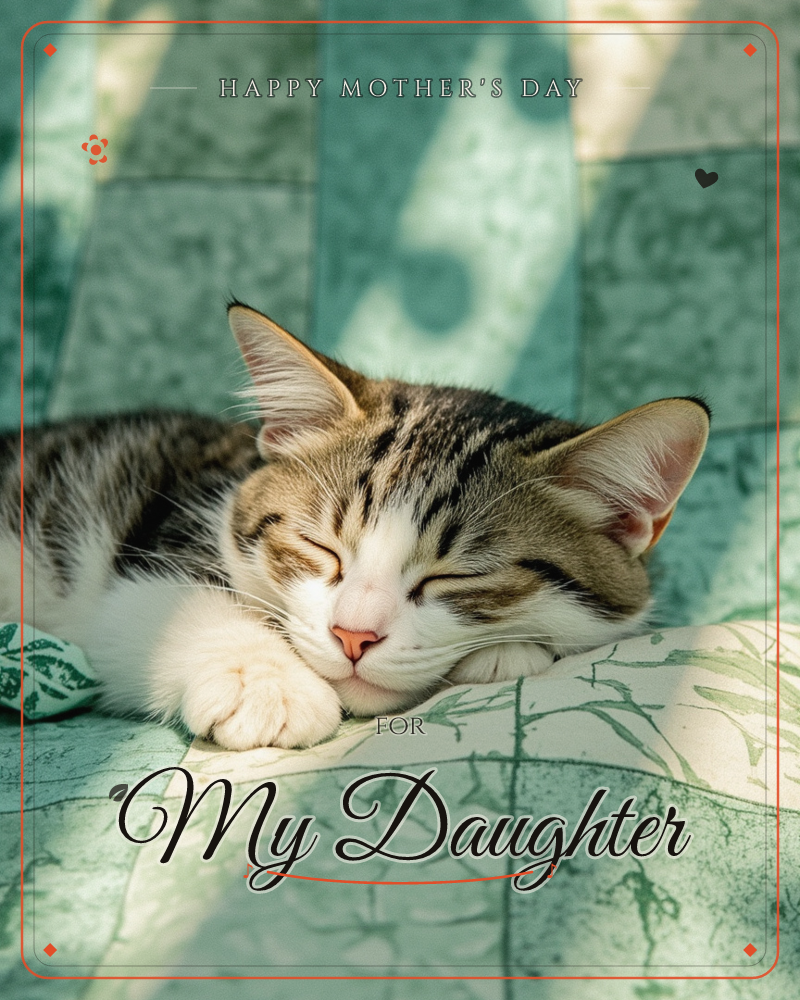 A tabby-and-white cat naps curled on a green patterned cushion, paw tucked beneath its chin, dappled sunlight scattering leafy shadows across its fur, a mothersday e-card design