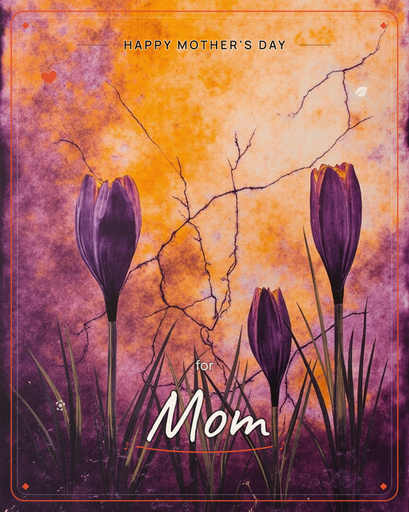 Three closed purple crocus buds rise on slender green stems against a mottled orange-and-magenta sky, bare cracked branches spidering behind them like…, a mothersday e-card design