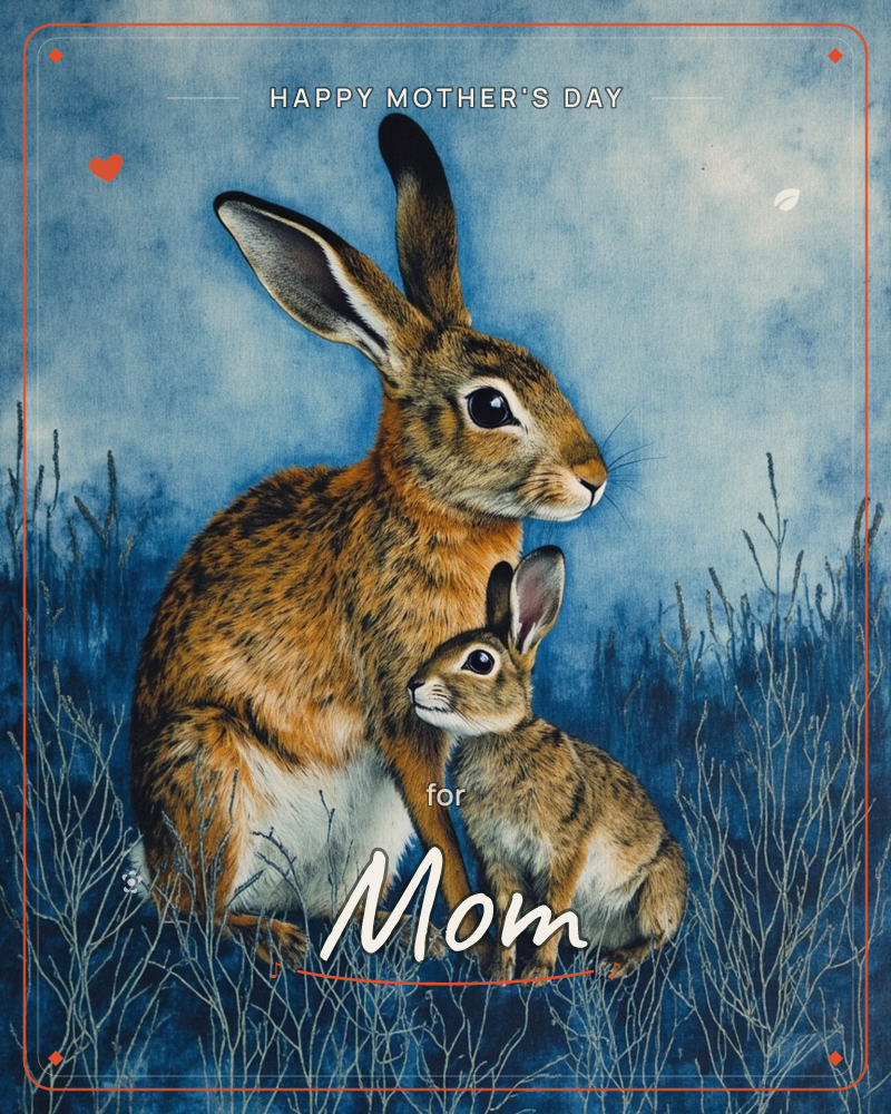 A large hare sits protectively beside a smaller young hare amid bare, wispy branches, both rendered in warm russet and gold fur tones against a moody…, a mothersday e-card design