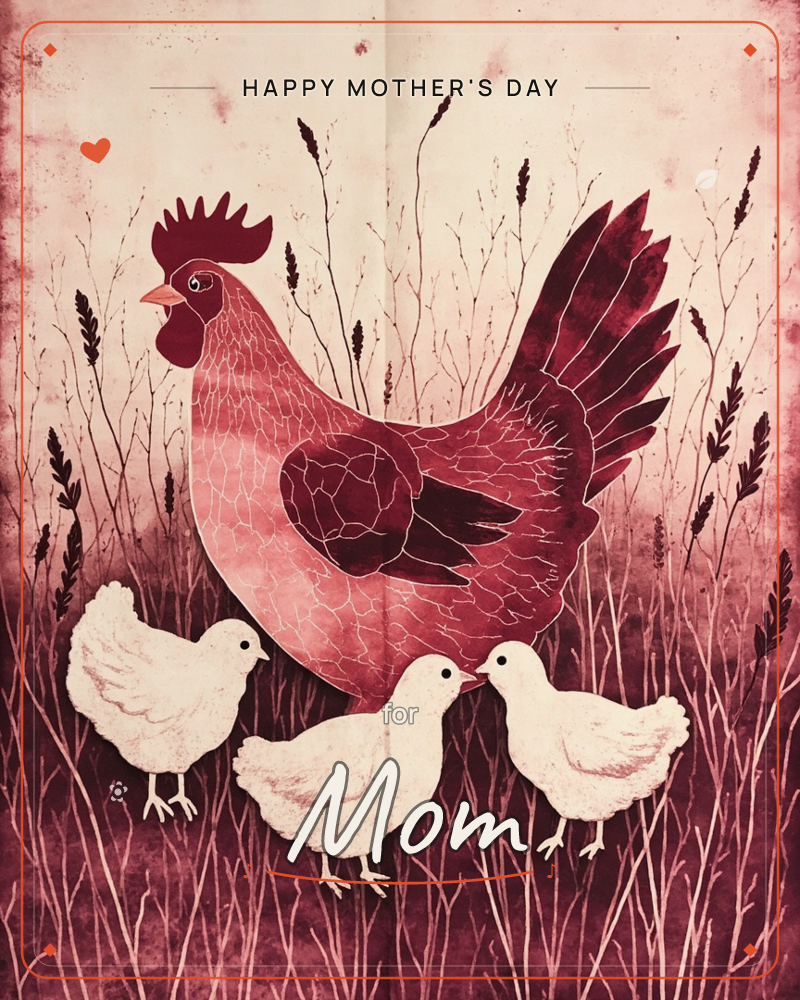 A rust-red hen with a crackled, textured comb and tail stands watch over three pale chicks amid tall wispy grasses and seed heads, a mothersday e-card design