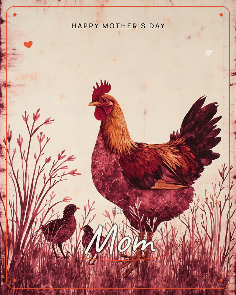 A rust-red hen with a golden neck and deep burgundy tail feathers stands watchfully over two small chicks in a sparse, wintry field of bare branches…, a mothersday e-card design