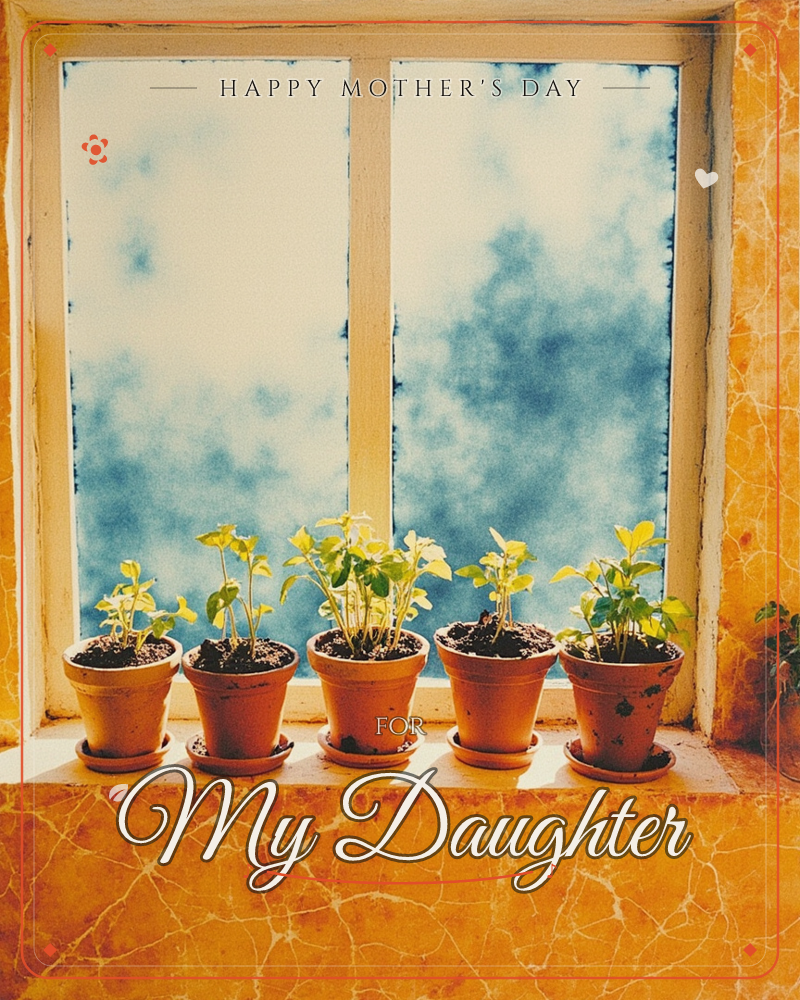 Five terracotta pots of young seedlings line a sunlit windowsill, their small green leaves catching the light against a hazy blue-white sky beyond the…, a mothersday e-card design