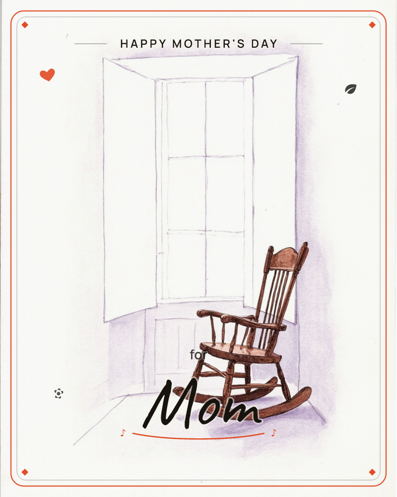 A wooden rocking chair sits alone in a quiet, sparsely sketched room beside a tall bay window, its slatted back and woven seat rendered in warm brown…, a mothersday e-card design