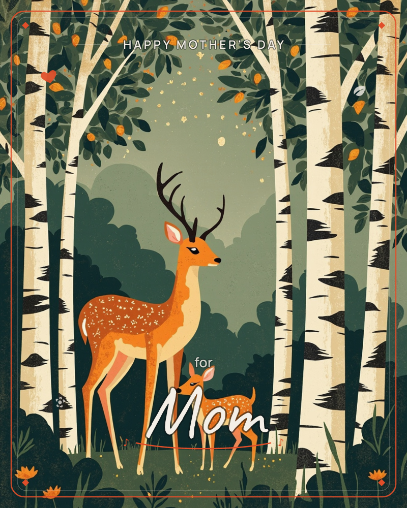 A stately antlered deer stands beside its smaller fawn in a birch forest at dusk, both dappled with pale spots against warm amber coats, a mothersday e-card design