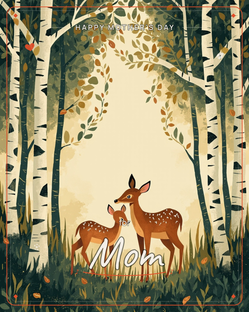 A doe and her fawn stand nose to nose in a birch grove, framed by an archway of overhanging branches dotted with amber leaves, a mothersday e-card design