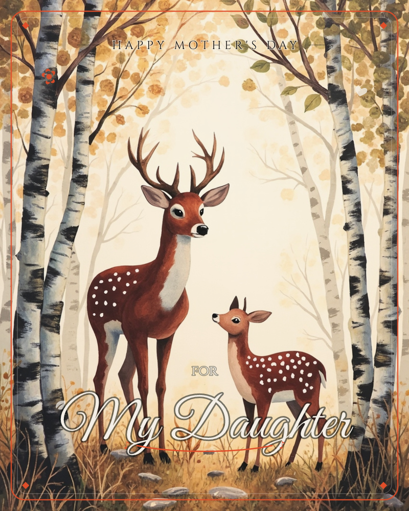 A tall antlered stag stands beside a smaller spotted fawn in a birch grove, their white-speckled coats echoing the pale bark around them, a mothersday e-card design