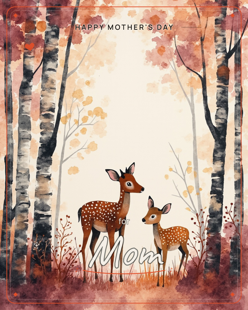 Two spotted deer, one larger and one smaller, stand close together in a birch forest glowing with autumn colour, a mothersday e-card design