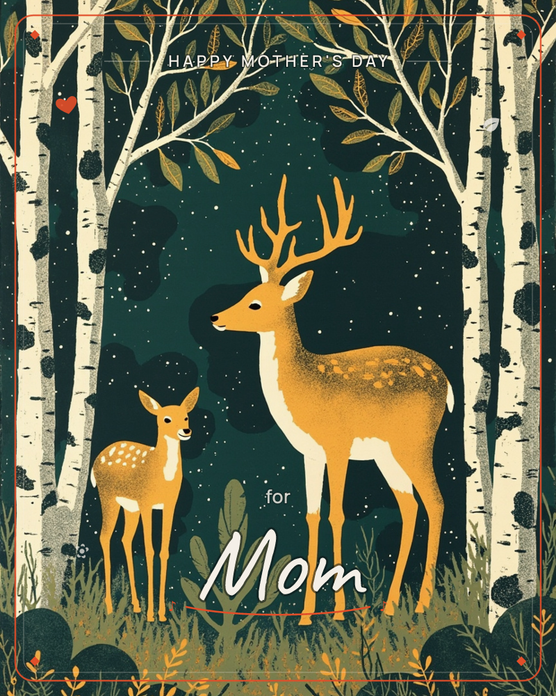 A golden stag with tall branching antlers stands beside a smaller speckled fawn in a birch forest at night, framed by pale white trunks and dark…, a mothersday e-card design