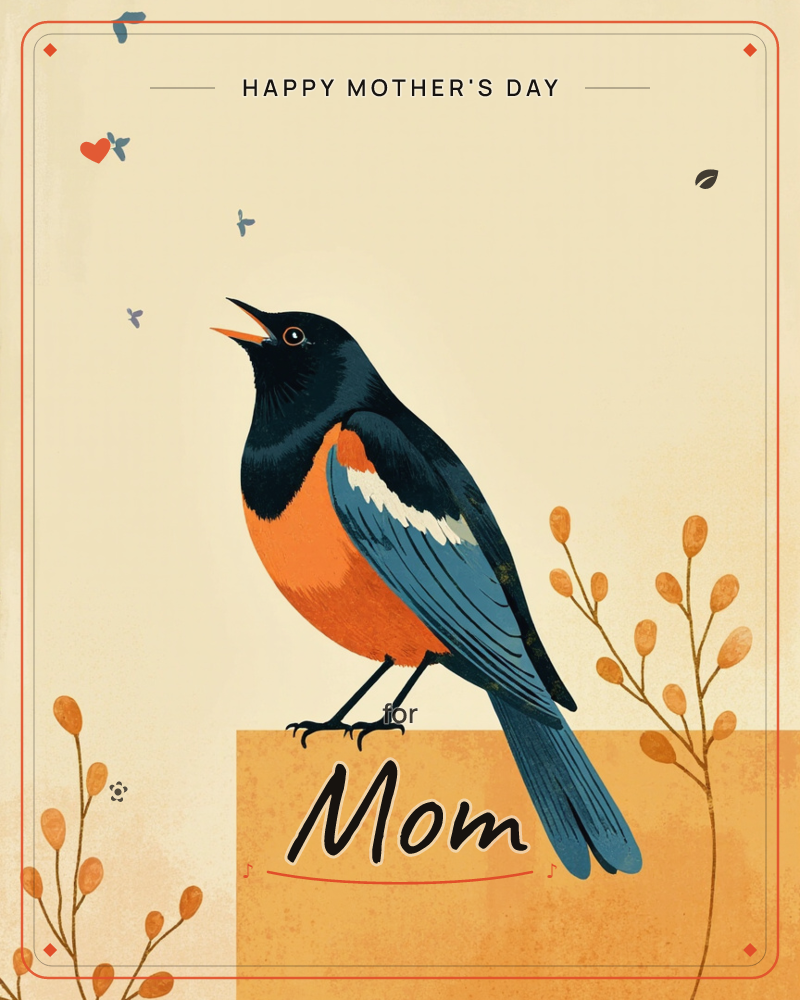 A robin-like bird with an orange breast and blue-black wings perches on a mustard ledge, beak open as if singing, while small blue moths flutter above…, a mothersday e-card design