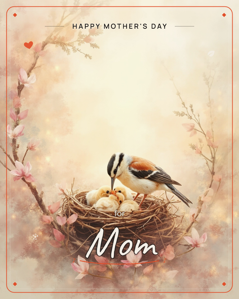 A mother bird leans into a twig nest to feed three fluffy chicks, their beaks open and eager, a mothersday e-card design
